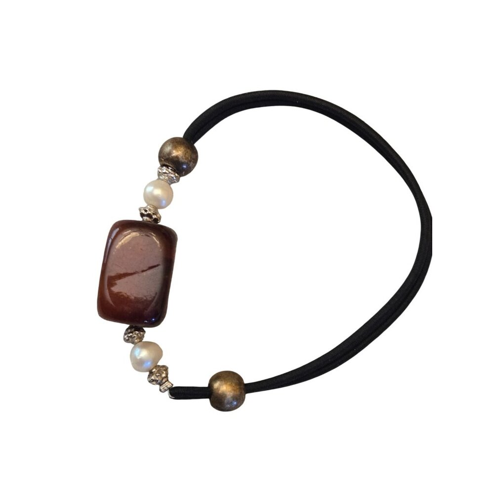 Black Cord Bracelet With Brown‎ Stone Faux Pearls Antique Gold Beads